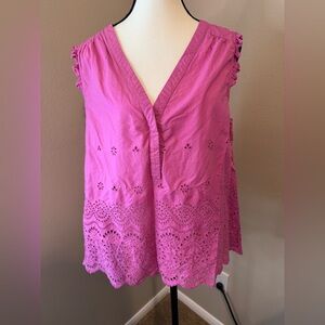 Maeve by Anthropologie Sleeveless  Eyelet V-Neck Top in Bright Pink large